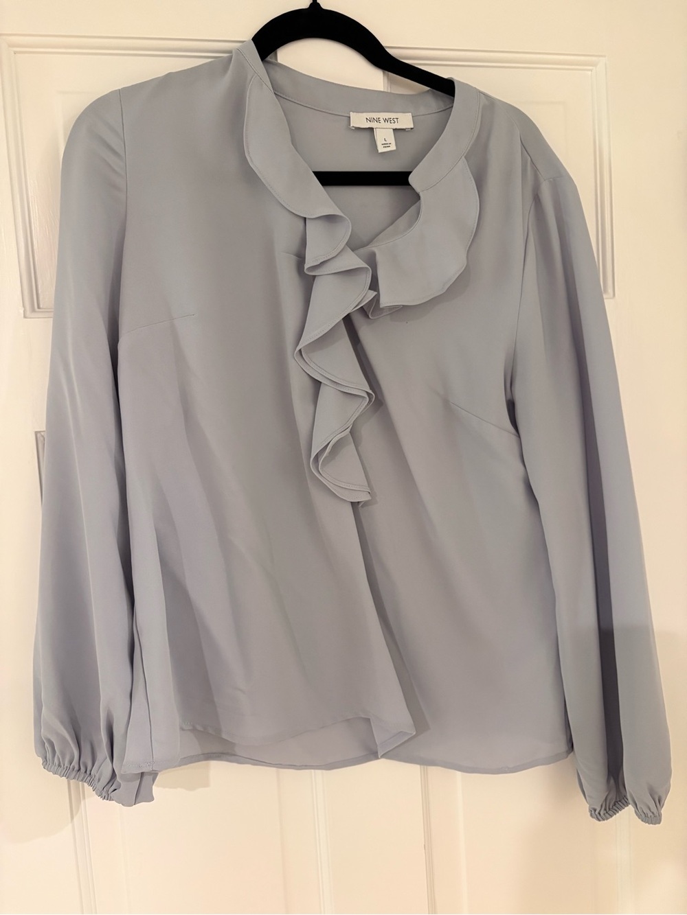 Nine West Pale Gray Ruffle Front Long Sleeve Blouse